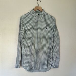 Polo Ralph Lauren Classic Fit Tattersall Blue Green White Plaid Oxford Shirt Med